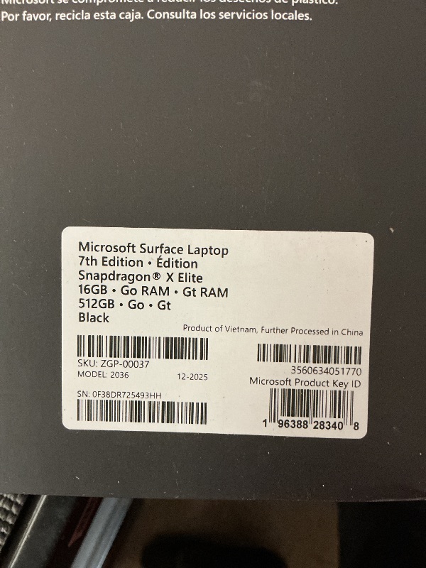 Photo 1 of Microsoft Surface Laptop (2024), Windows 11 Copilot+ PC, 13.8" Touchscreen Display, Snapdragon X Elite (12 core), 16GB RAM, 512GB SSD Storage, Black