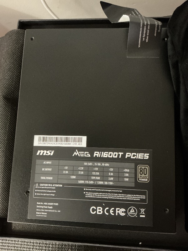 Photo 1 of MSI MEG Ai1600T PCIE5 Power Supply Unit, 1600W, 80 Plus Titanium, ATX 3.1, PCIe 5.1 GPU Support, Dual-Native 12V-2x6, Cables with Dual-Color 12V-2x6 connectors, ATX PSU, Braided Cable
