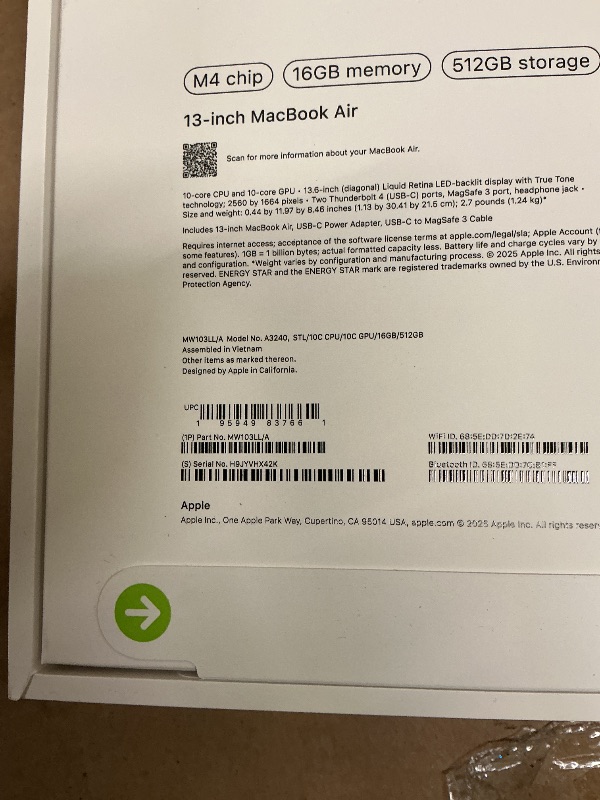 Photo 1 of Apple 2025 MacBook Air 13-inch Laptop with M4 chip: Built for Apple Intelligence, 13.6-inch Liquid Retina Display, 16GB Unified Memory, 512GB SSD Storage, 12MP Center Stage Camera, Touch ID; Starlight