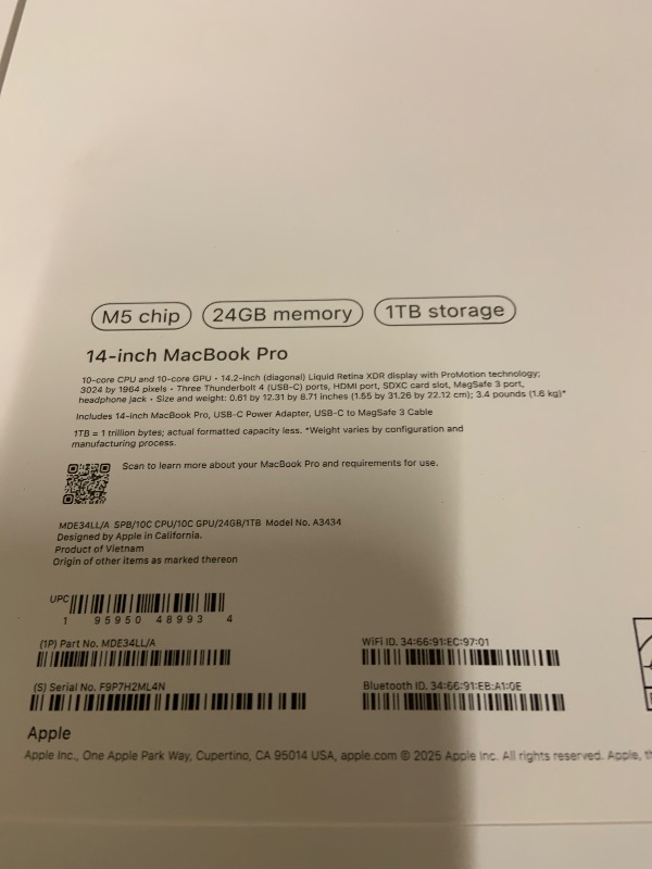 Photo 1 of Apple 2025 MacBook Pro Laptop with M5 chip with 10?core CPU and 10?core GPU: Built for Apple Intelligence, 14.2-inch Liquid Retina XDR Display, 24GB Unified Memory, 1TB SSD Storage; Space Black