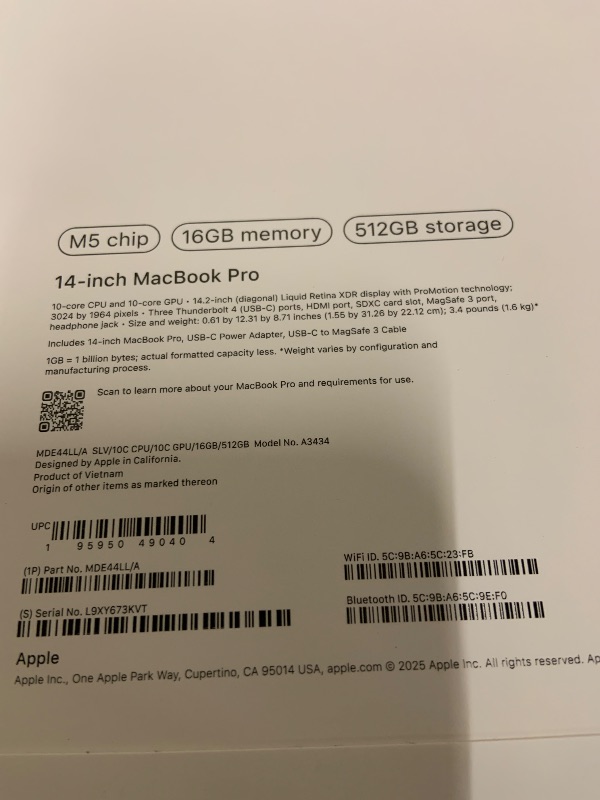 Photo 1 of Apple 2025 MacBook Pro Laptop with M5 chip with 10?core CPU and 10?core GPU: Built for Apple Intelligence, 14.2-inch Liquid Retina XDR Display, 16GB Unified Memory, 512GB SSD Storage; Silver