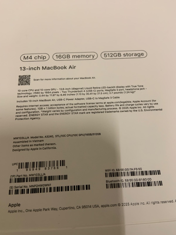 Photo 1 of Apple 2025 MacBook Air 13-inch Laptop with M4 chip: Built for Apple Intelligence, 13.6-inch Liquid Retina Display, 16GB Unified Memory, 512GB SSD Storage, 12MP Center Stage Camera, Touch ID; Starlight