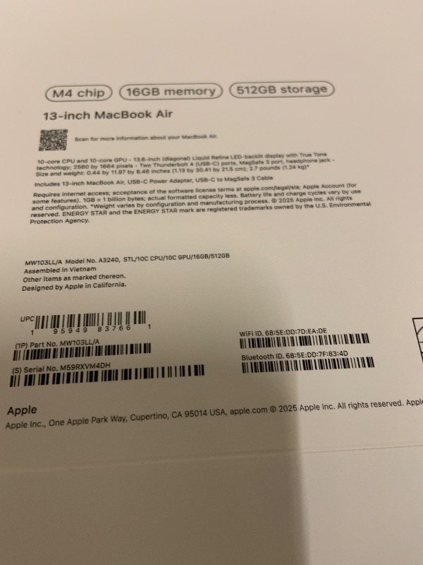 Photo 1 of Apple 2025 MacBook Air 13-inch Laptop with M4 chip: Built for Apple Intelligence, 13.6-inch Liquid Retina Display, 16GB Unified Memory, 512GB SSD Storage, 12MP Center Stage Camera, Touch ID; Starlight