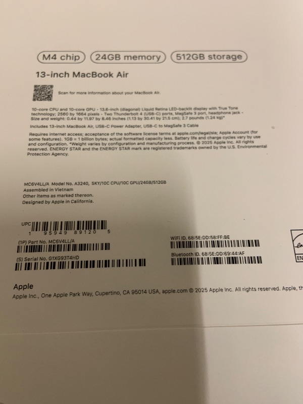 Photo 1 of Apple 2025 MacBook Air 13-inch Laptop with M4 chip: Built for Apple Intelligence, 13.6-inch Liquid Retina Display, 24GB Unified Memory, 512GB SSD Storage, 12MP Center Stage Camera, Touch ID; Sky Blue