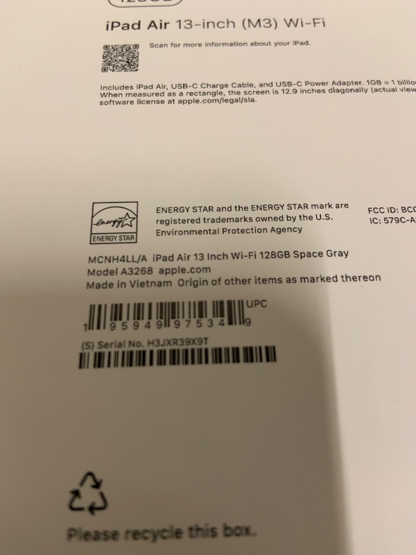 Photo 1 of Apple iPad Air 13-inch with M3 chip Built for Apple Intelligence, Liquid Retina Display, 128GB, 12MP Front/Back Camera, Wi-Fi 6E, Touch ID, All-Day Battery Life — Space Gray