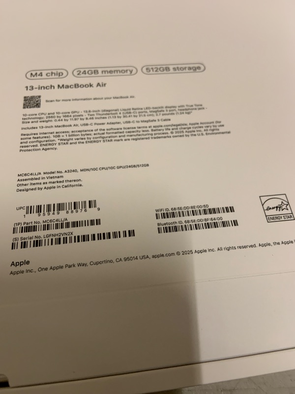 Photo 1 of Apple 2025 MacBook Air 13-inch Laptop with M4 chip: Built for Apple Intelligence, 13.6-inch Liquid Retina Display, 24GB Unified Memory, 512GB SSD Storage, 12MP Center Stage Camera, Touch ID; Midnight