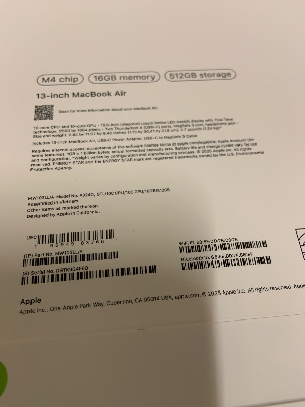 Photo 1 of Apple 2025 MacBook Air 13-inch Laptop with M4 chip: Built for Apple Intelligence, 13.6-inch Liquid Retina Display, 16GB Unified Memory, 512GB SSD Storage, 12MP Center Stage Camera, Touch ID; Starlight