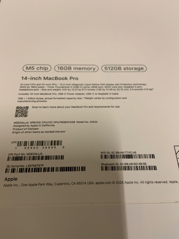Photo 1 of Apple 2025 MacBook Pro Laptop with M5 chip with 10?core CPU and 10?core GPU: Built for Apple Intelligence, 14.2-inch Liquid Retina XDR Display, 16GB Unified Memory, 512GB SSD Storage; Space Black