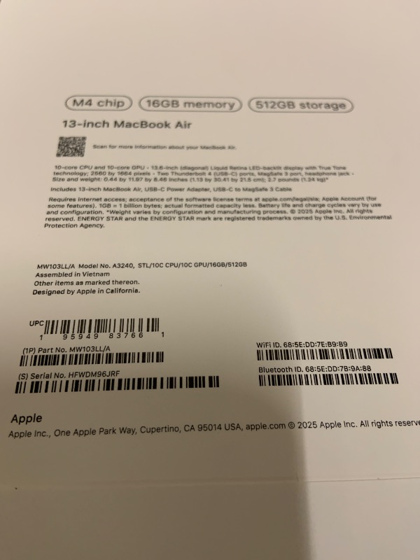 Photo 1 of Apple 2025 MacBook Air 13-inch Laptop with M4 chip: Built for Apple Intelligence, 13.6-inch Liquid Retina Display, 16GB Unified Memory, 512GB SSD Storage, 12MP Center Stage Camera, Touch ID; Starlight
