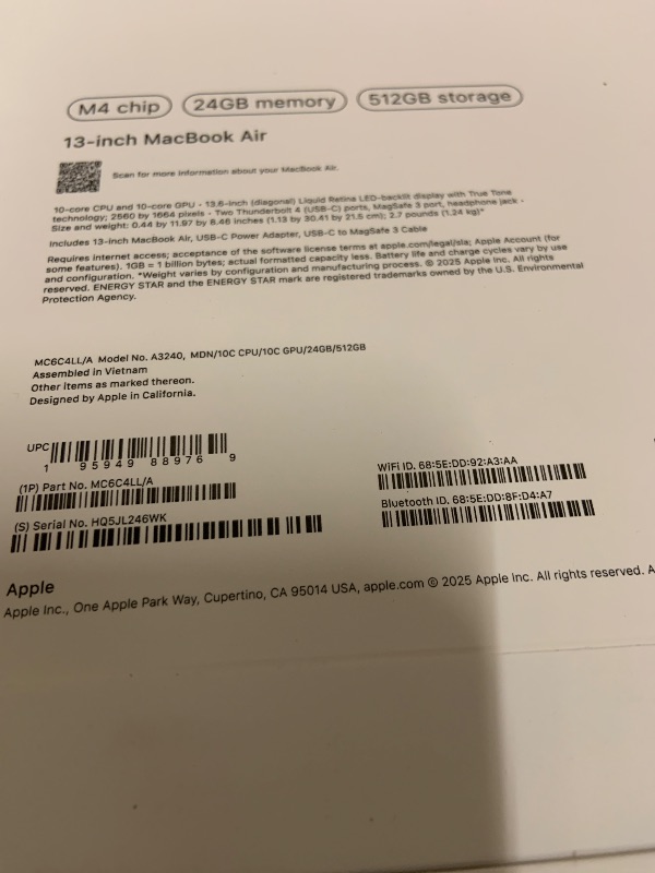 Photo 1 of Apple 2025 MacBook Air 13-inch Laptop with M4 chip: Built for Apple Intelligence, 13.6-inch Liquid Retina Display, 24GB Unified Memory, 512GB SSD Storage, 12MP Center Stage Camera, Touch ID; Midnight