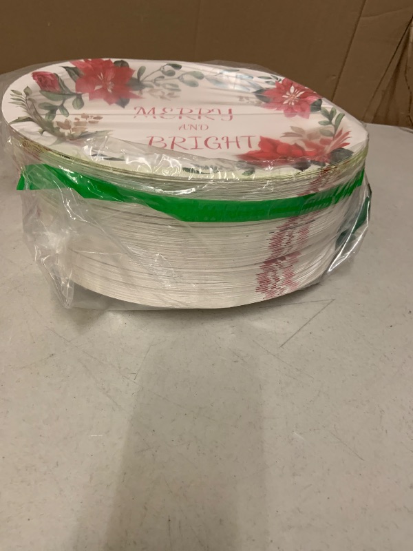 View 2 of 100Pcs Heavy Duty Oval Christmas Paper Plates and Napkins Set, 12 inch Large Poinsettia Christmas Dinner Plates Disposable Party Set, Merry & Bright Floral Dinnerware for Holiday Xmas Party Supplies