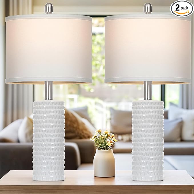 Photo 1 of  Modern Ceramic Table Lamps for Living Room ?Farmhouse Nightstand Lamps Set of 2 with White Linen Shade Office Reading Lamp ?Bedroom Lamps for Bedside End Table, Bedroom, Living Room, White