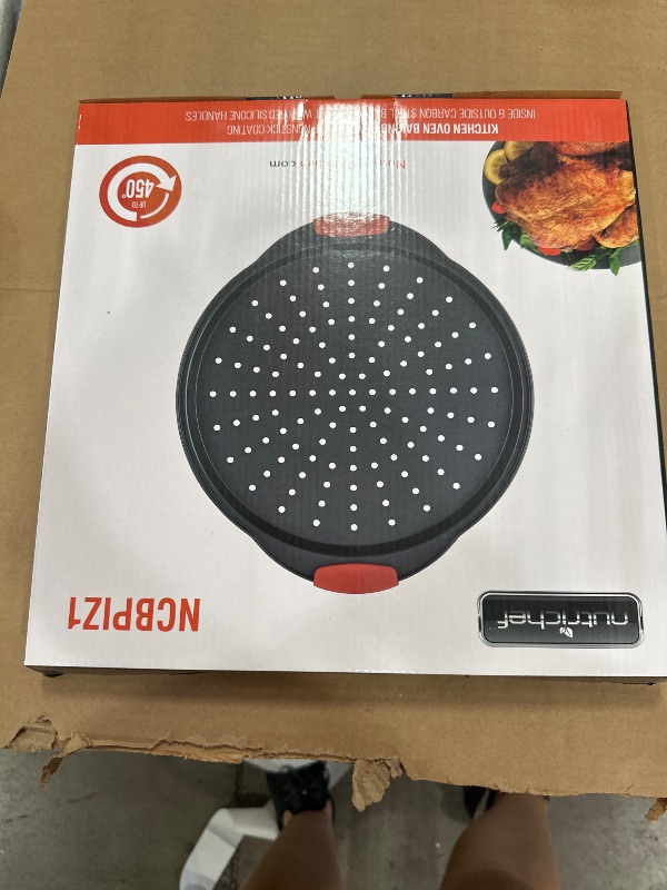 Photo 1 of NutriChef 13-Inch Nonstick Pizza Tray - Round Carbon Steel Non-Stick Pizza Baking Pan with Perforated Holes, Premium Bakeware Pizza Screen with Silicone Grip Handles, Dishwasher Safe - NCBPIZ1
