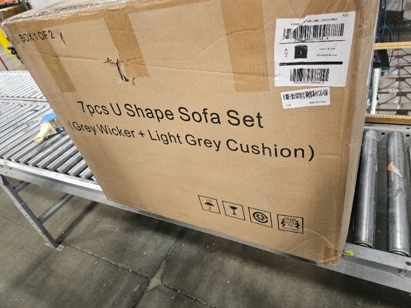 Photo 1 of (partial set box 1 of 2) 7 Piece Outdoor Patio Furniture Set, PE Rattan Conversation Sofa Set, Wicker Patio Set w/Thick Cushions & Glass Top Coffee Table, All-Weather Outside Furniture for Garden, Balcony, Porch(Grey) ** only box # 1 missing box # 2 ** 