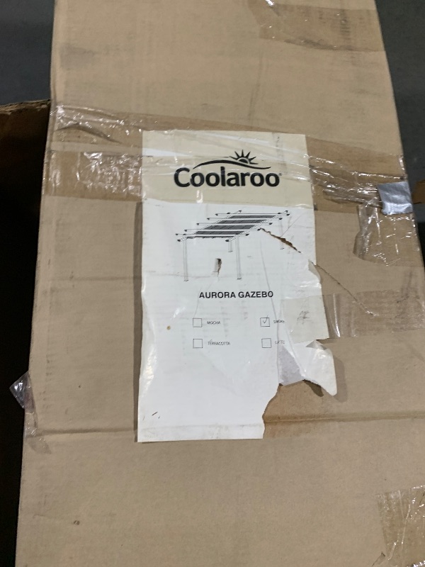 Photo 1 of *****************FOR PARTS ONLY- Missing hardware for assembly. Damage to pillars.***************
 Coolaroo Aurora Pergola, Backyard or Patio Shade Pergola, Light Filtering 90% UV Block, 9'10" x 9'10", Smoke