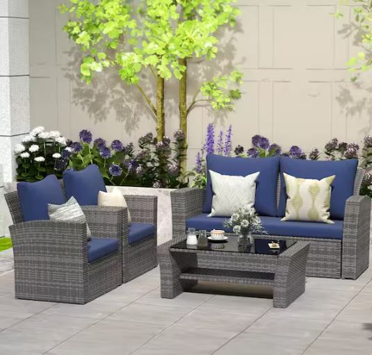 Photo 1 of *4-Piece Wicker Patio Conversation Seating Set with Blue Cushions


