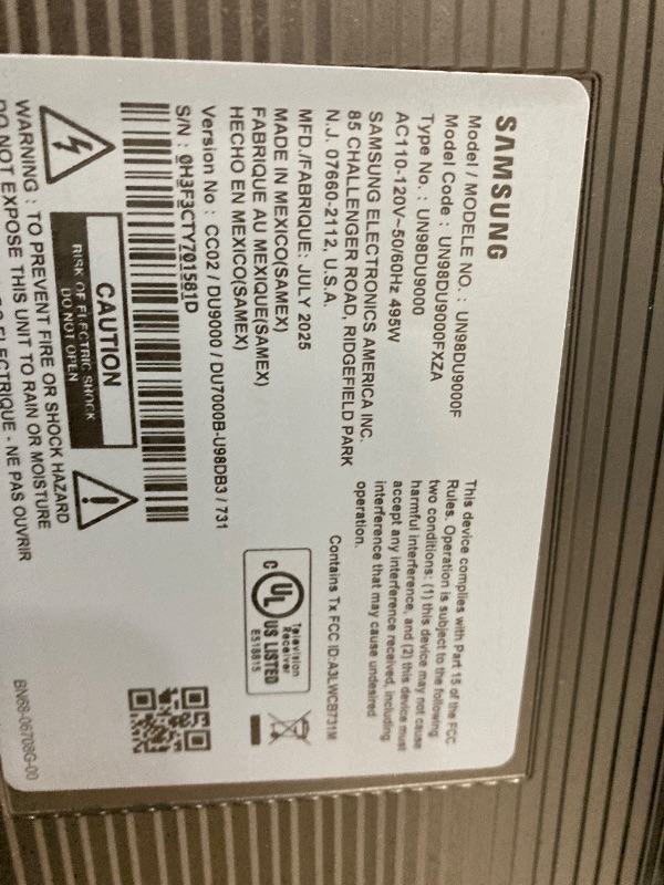 Photo 1 of ** DOES NOT STAY ON FLICKERS NO ACCESSORIES INCLUDED FINAL SALE **Samsung 98-Inch Class 4K Crystal UHD DU9000 Series HDR Smart TV, Object Tracking Sound Lite, Motion Xcelerator 120Hz, Supersize Picture Enhancer, Mega Contrast, Alexa Built-In (UN98DU9000, 