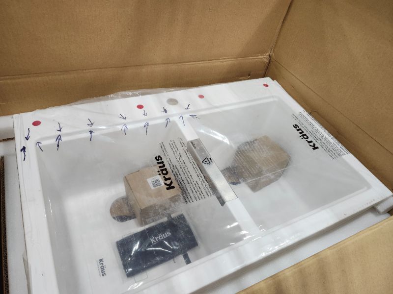 Photo 1 of ************HAS A HAIRLINE CRACK ALONG THE TOP LEFT SINK*************
KRAUS Quarza 33-inch Granite Drop-In/Undermount 50/50 Double Bowl White Kitchen Sink, KGD-433BWHITE