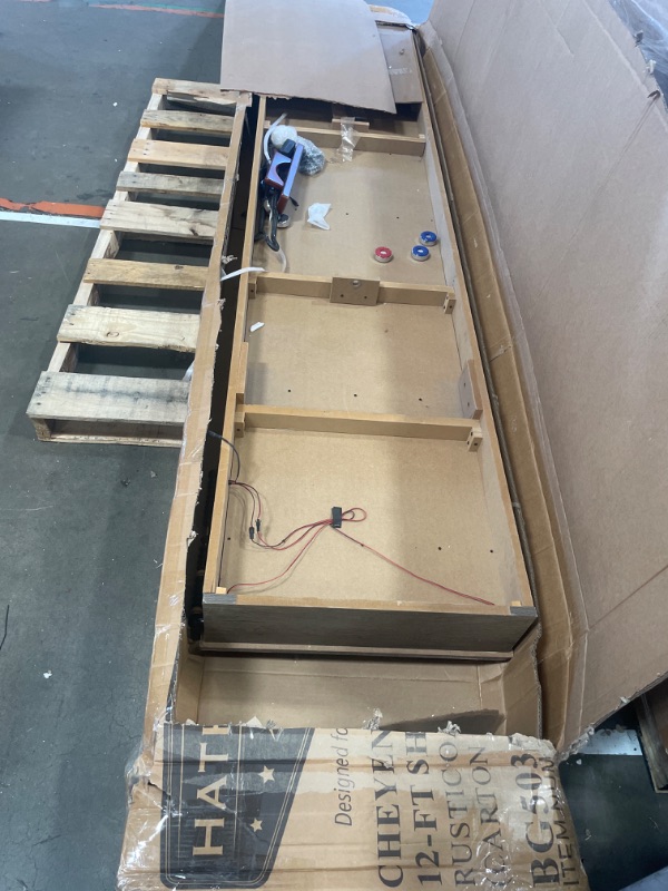 Photo 1 of ***INCOMPLETE***Hathaway Cheyenne 12 Ft Shuffleboard Table for Family Arcade Game Room - with Poly-Coated Playfield, Built-in Scorer & Cabinet, Climate Adjusters, Leg Levelers, 8 Pucks, Brush & Wax – Rustic Oak