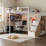 Photo 1 of **PARTIAL SET, ONLY BOX 1** Advwin Full Loft Bed with Desk and Stairs, Headboard, Wardrobe, Bedside Storage Shelf, 6 Drawers, Charging Station & LED Light, Metal Gaming Loft Bed Frame