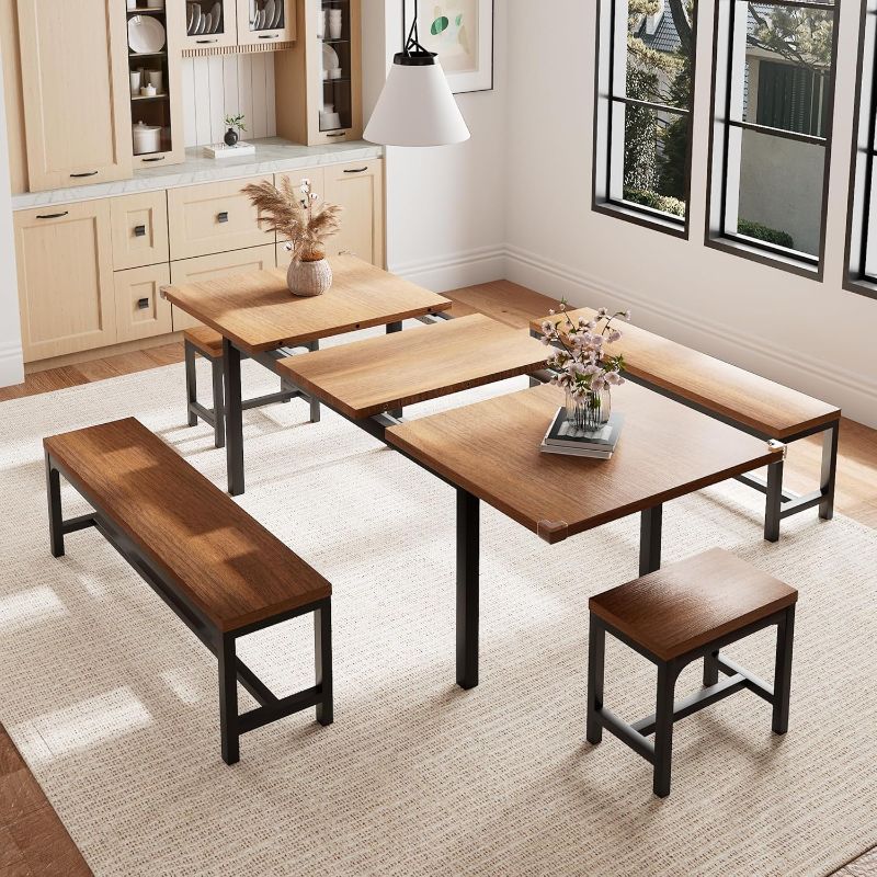 Photo 1 of ************************Missing Table Leg and stool leg*******************
Einhomn 5 Pieces Dining Room Table Set for 4-6, 63" Extendable Kitchen Table Set with 2 Benches & 2 Stools, Small Dining Table Set with Metal Frame & MDF Board, Walnut