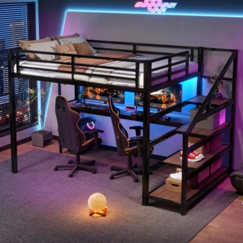 Photo 1 of **PARTS ONLY** Full Size Metal Loft Bed with Desk, Storage Stairs and LED Lights (Black + Coffee + Full)