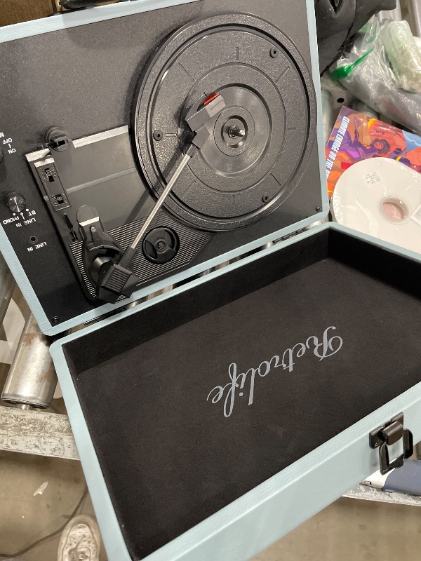 Photo 1 of **NO POWER CORD**Vinyl Record Player 3-Speed Bluetooth Suitcase Portable Belt-Driven Record Player with Built-in Speakers RCA Line Out AUX in Headphone Jack Vintage Turntable Haze Blue