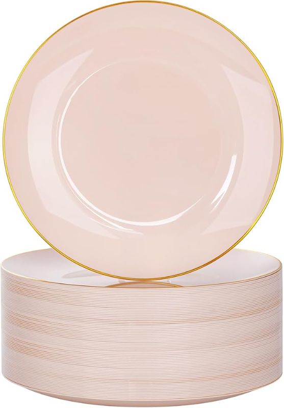 Photo 1 of **POSSIBLY PARTIAL SET** Nervure 100PCS Pink and Gold Plastic Plates - 10.25 inch Pink Disposable Plates with Gold Rim - Party Plate - Dinner Plate Ideal for Wedding & Party