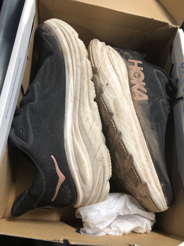 Photo 1 of (used) (see all images) Hoka Women's Clifton 10 Sneaker, Black/Rose Gold, 9