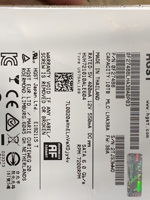 Photo 1 of **PARTS ONLY**
HGST Ultrastar He10 | HUH721010ALE604 | 0F27473 | 512e | 2.5M MTBF | 10TB SATA 6.0Gb/s 7200 RPM 256MB Cache 3.5" | Helium Platform Enterprise Hard Disk Drive