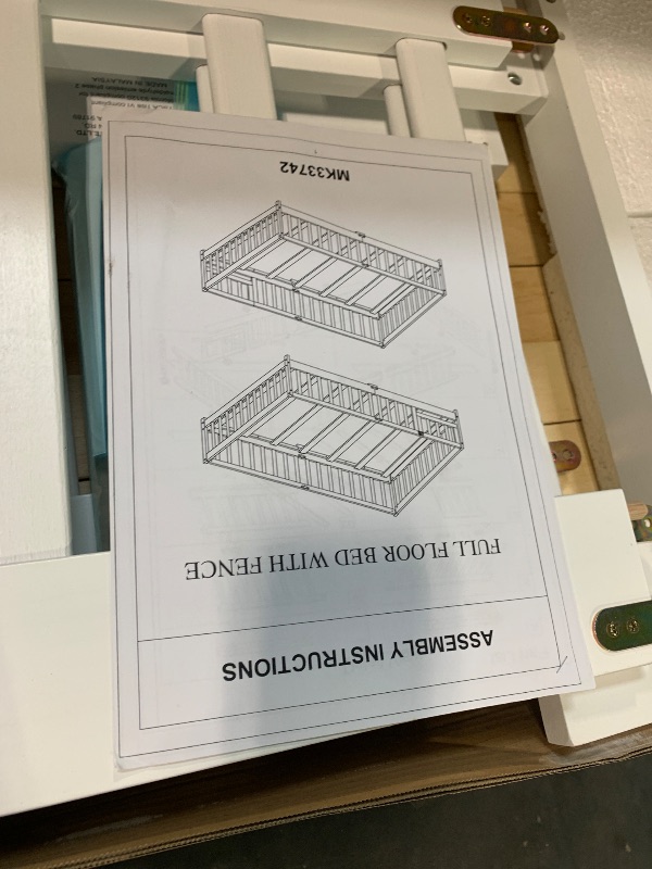 View 3 of **  USED/ UNTESTED *** PVWIIK Full Size Floor Bed with Fence and Door,Rubber Wood Floor Bed w/Safety Guardrails/Near The Ground,Easy to Assemble & No Box Spring Needed, White