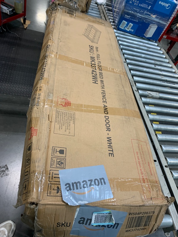 View 5 of **  USED/ UNTESTED *** PVWIIK Full Size Floor Bed with Fence and Door,Rubber Wood Floor Bed w/Safety Guardrails/Near The Ground,Easy to Assemble & No Box Spring Needed, White