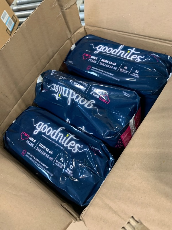 Photo 1 of ****21 COUNT****Goodnites Girls' Nighttime Bedwetting Underwear, Size Extra Large (95-120 lbs), (3 Packs), Packaging May Vary