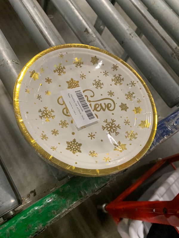 Photo 1 of **FACTORY SEALED** Horaldaily 24Pcs Christmas Paper Plates, Gold Foil Believe Snow Plates for Party Birthday Holiday Dinner Event Disposable Tableware Supplies Decor, 7lnch
