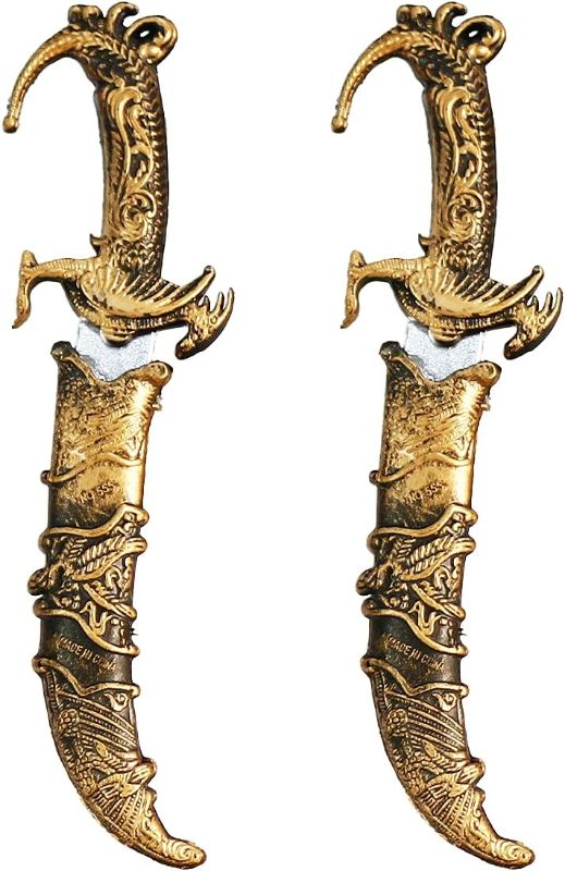Photo 1 of **RETAIL PRICE: $9.99**
2 Pcs Plastic Dagger Fake Knife with Buckle for Wearing Over Pants Pirate Sword for Pirate Costume Accessories Prop Knife with Sheath Toy Knife Plastic Sword (Bronze)