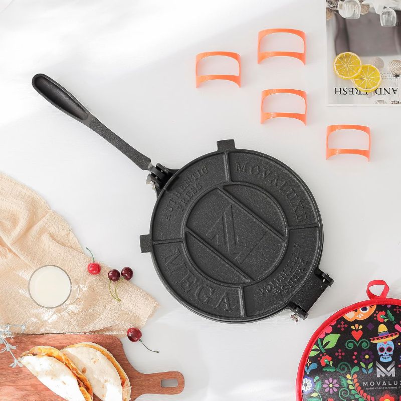 Photo 1 of *Missing items/look at pic* MOVALUXE® - Tortilla Press 12 inch Cast Iron Tortillas Maker. A Gift Set with a Warmer Pouch, 6 Taco Holders, Parchment Paper, Rubber Mat and Recipe E-book. The Perfect Roti,Empanada Dough Machine