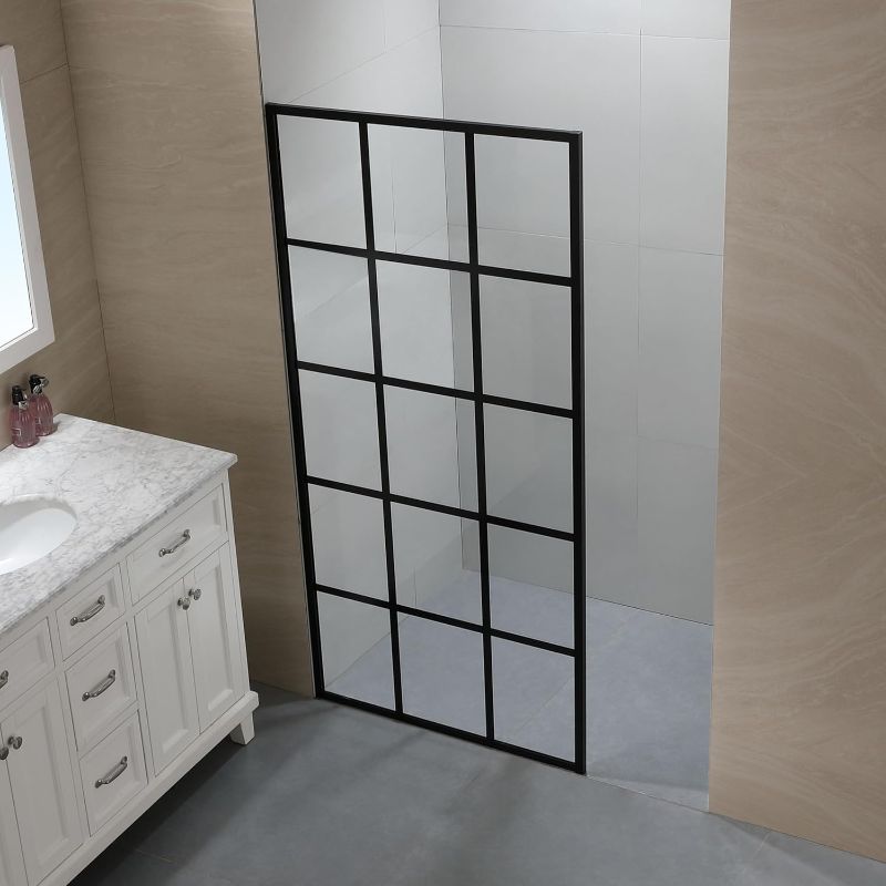 Photo 1 of ****** SIZE 37`` x 78.75``
Grid Pattern Fixed Framed Shower Door Shower Screen Panel in Matte Black Finish with Clear SGCC Tempered Glass,...