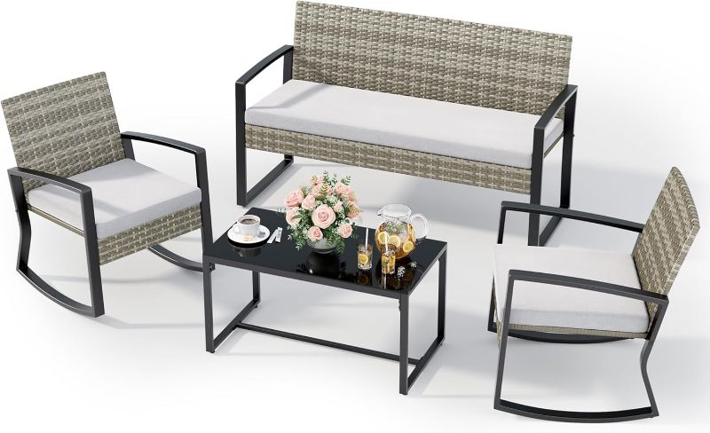 Photo 1 of ** SIMILAR/ PARCIAL SET** FDW | 4-Piece Patio Furniture Set | Gray & Khakhi | Outdoor Wicker Furniture with Coffee Table | Modern Rattan Chairs Conversation Set | Outdoor Seating | Weather-Resistant | for Porch, Garden, Lawn