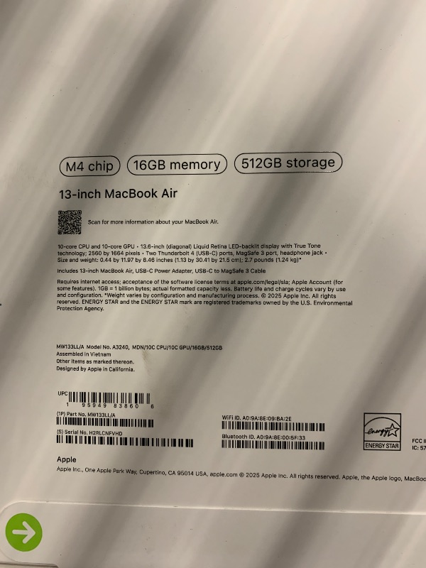 Photo 1 of *****FACTORY SEALED***** Apple 2025 MacBook Air 13-inch Laptop with M4 chip: Built for Apple Intelligence, 13.6-inch Liquid Retina Display, 16GB Unified Memory, 512GB SSD Storage, 12MP Center Stage Camera, Touch ID; Midnight