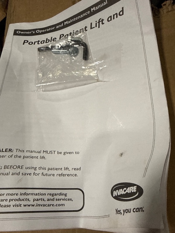 Photo 1 of ***SEE CLERK NOTES*** Invacare Painted Hydraulic Lift with Full Body R111 (Large) Mesh Sling | 450 lbs. weight capacity | 9805P model