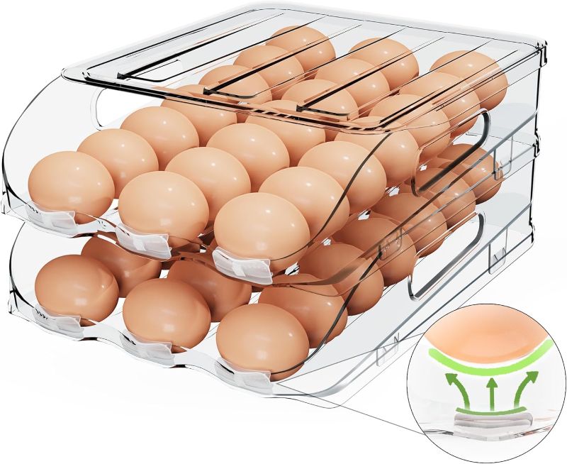 Photo 1 of 
SMRCAD Egg Holder for Fridge, Automatic Steady Rolling Egg Dispenser with Silicone Bumpers & Handle for Refrigerator, Large Capacity Egg Organizer with Lid