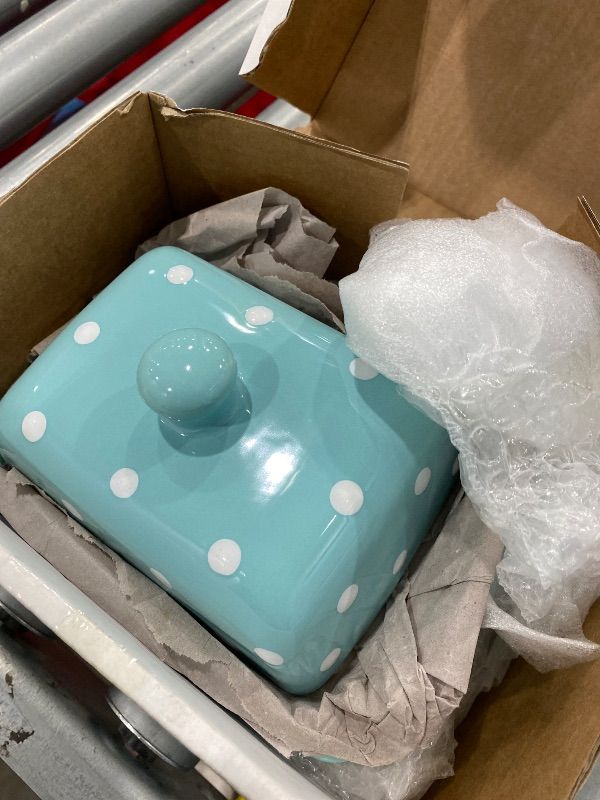 Photo 1 of **MINOR DAMAGE**
City to Cottage Large Butter Dish with Lid for Countertop, Ceramic Butter Keeper, Butter Container with Knob Handle, Butter Holder Tray with Cover, Handcrafted Turquoise Blue Polka Dot Butter Dish