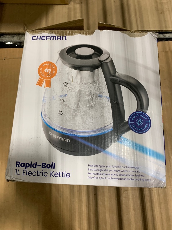 Photo 1 of *** DAMAGE TO THE BOX *** Chefman Electric Kettle with Tea Infuser, 1L 1500W, Removable Lid for Easy Cleaning, Boil-Dry Protection, Stainless Steel Filter, BPA Free, Auto Shut Off Hot Water Boiler, Small Electric Tea Kettle