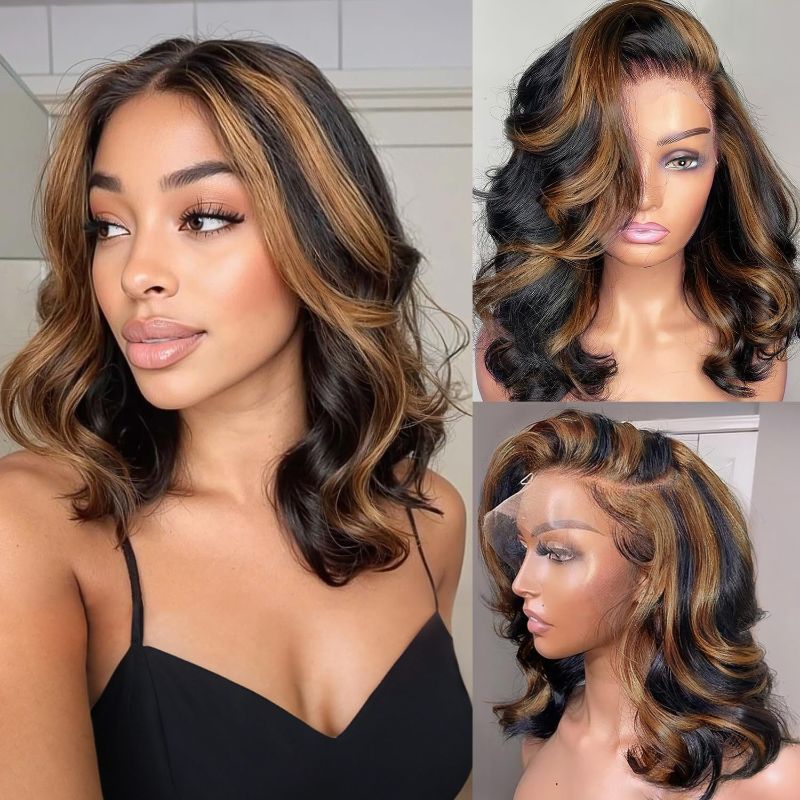 Photo 1 of *** SIMILAR *** 13x6 Highlight Body Wave Lace Front Wigs Human Hair 200% Density FB/30 Ombre Frontal Wigs Human Hair Pre Plucked Short Wigs for Black Women Glueless Balayage HD Lace Wig Loose Wavy 14 inch