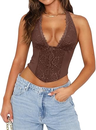 View 1 of *** RATAIL PRICE $ 16.98  **** SUUKSESS Women Halter Tank Tops Double Lined Basic Backless Y2K Trendy Going Out Tops (Brown,S)