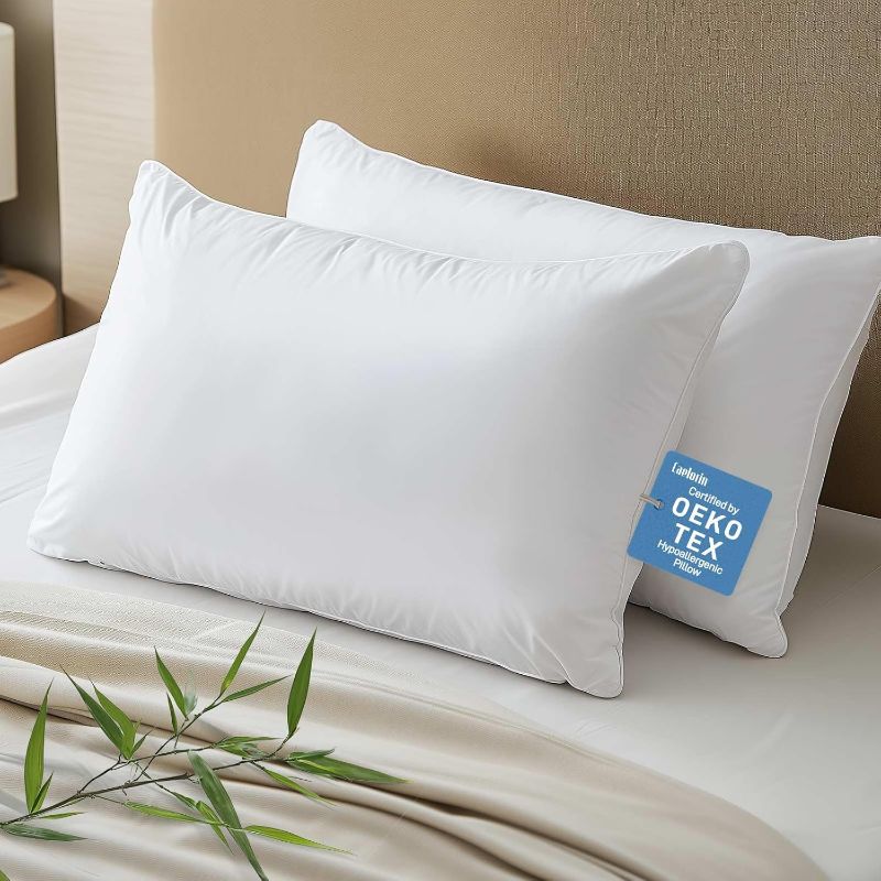 Photo 1 of Hypoallergenic Bamboo Viscose Breathable Pillows with Down Alternative Filling, Standard/Queen Size Set of 2?Fluffy Luxury Hotel Quality, Oeko-Tex Certified, Machine Washable
