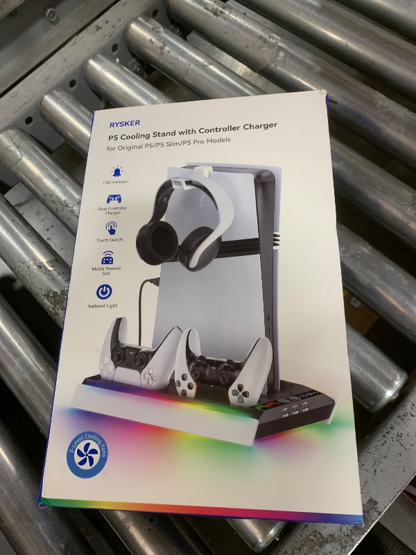 Photo 1 of PS5/Slim/Pro Stand for Disc & Digital Console, PS5 Cooling & Charging Station with RGB Ambient Lighting, PS5 Controller Charger Built-in 3 Level Fan, PS5/Slim/Pro Accessories for PlayStation 5 Case