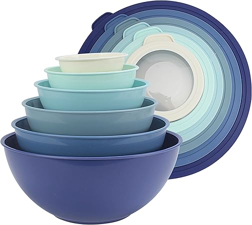 Photo 1 of COOK WITH COLOR Mixing Bowls with TPR Lids - 12 Piece Plastic Nesting Bowls Set includes 6 Prep Bowls and 6 Lids, Microwave Safe (Blue)
