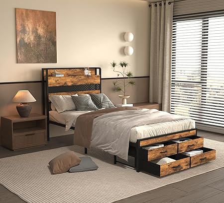 Photo 1 of Twin Bed Frame with Storage Headboard – Twin Size Kids Bed Frames with 4 Drawers, Metal Platform Bed with LED lights and USB Charging Station, No Box Spring Needed, Easy Assembly, Rustic Brown
