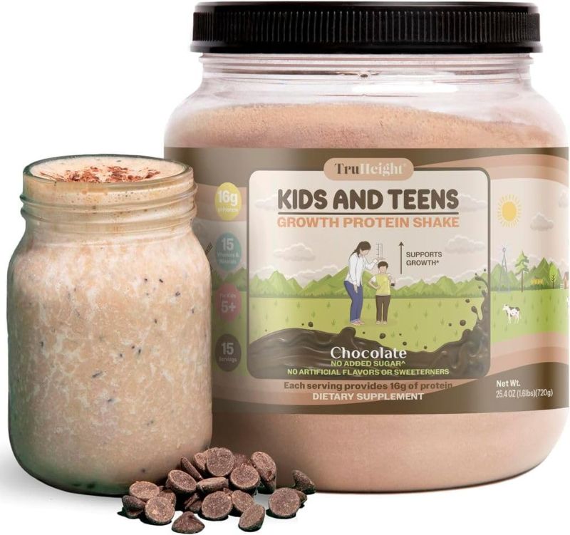 Photo 1 of  TruHeight Growth Protein Shake (Chocolate Milk Flavor, Whey) Natural Growth & Development Protein Powder for Kids & Teens - Weight Gain Drinks - Endorsed by Pediatricians, Picky Eater Vitamin, Ages 4+ 